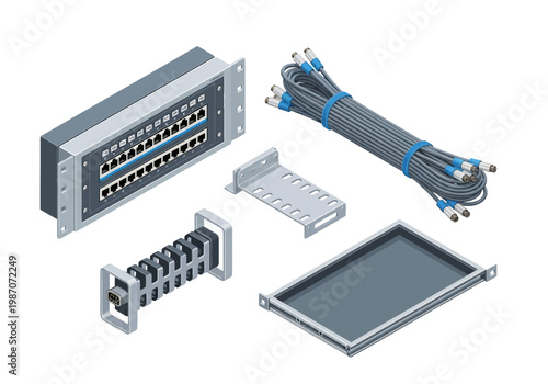 Network patch panel and accessories including cables, bracket, and tray for organized data connection