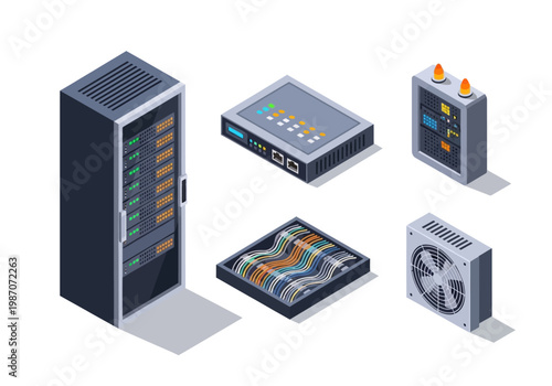 Isometric illustrations of computer network servers, routers, cooling systems, and data storage devices