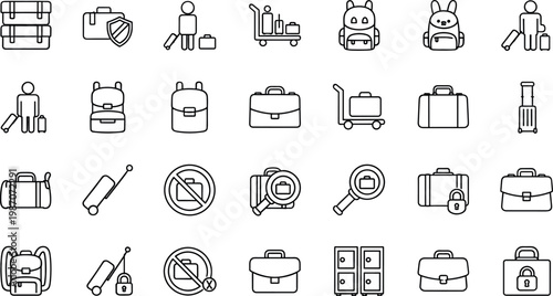 Travel luggage bags line icons set baggage suitcase backpack security airport outline vector symbols collection