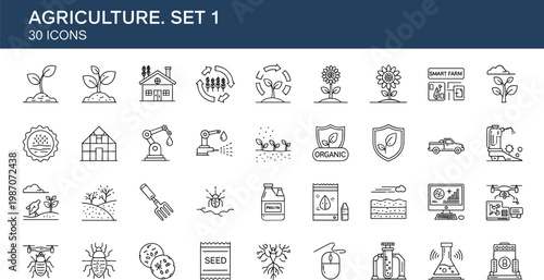 Agriculture smart farming line icons set organic technology crop monitoring agritech outline vector symbols collection
