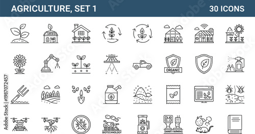 Agriculture farming line icons set organic crop cultivation smart farming agronomy outline vector symbols collection