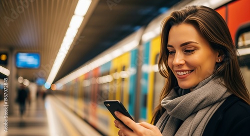 Attractive young woman smiling while messaging on her mobile at a modern train station