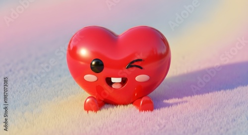 Cute Winking Red Heart Character Sitting on Soft Texture 3D Illustration