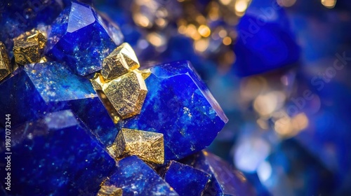 Close-up of deep blue mineral with gold flecks and crystalline structure. Beautiful bokeh