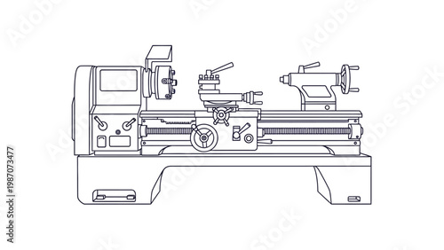 Lathe Machine Technical Drawing Illustration.