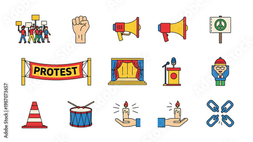 Collection of colorful icons for protest activism and social change movements.