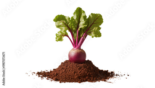 Quadro su tela Fresh beetroot with green leaves growing from soil, isolated on transparent back