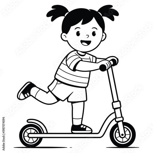 A cheerful young girl joyfully rides a scooter on a bright sunny day silhouette