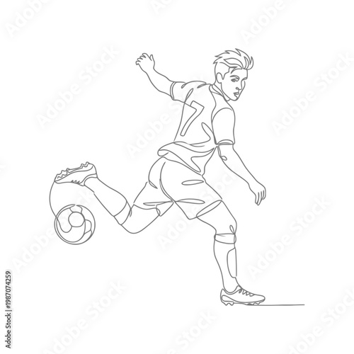 Continuous one line drawing of a soccer player kicking a ball young male football player in uniform running and hitting the ball with his foot