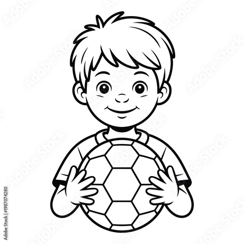 A smiling young boy cheerfully holds a soccer ball in a classic silhouette