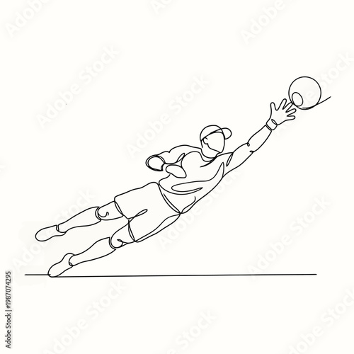 Continuous line drawing of a soccer goalkeeper diving to catch a ball
