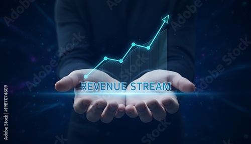 Hands holding a glowing digital projection of 'REVENUE STREAM' text and an upward-trending financial graph, symbolizing business growth and income generation.