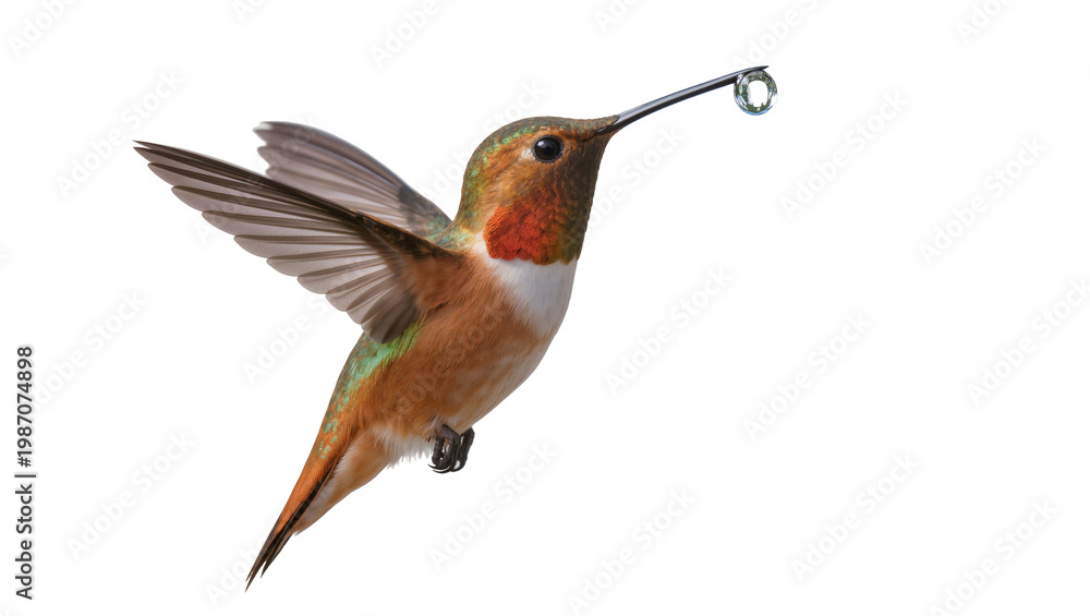 Fototapeta premium Rufous hummingbird with water droplet in beak, isolated on transparent background
