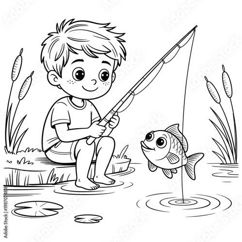 A young boy cheerfully fishes by a pond catching a fish with a line silhouette