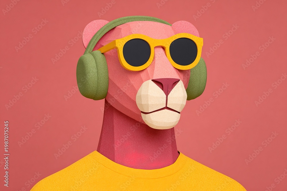 Fototapeta premium Colorful lion wearing headphones and sunglasses for a fun design display