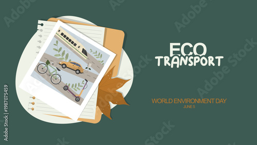 Eco Transport banner. Sustainable transport with bicycle, scooter, electric car, and train for sustainability campaigns. Sustainable transport concept. Mobility concept. Vector illustration