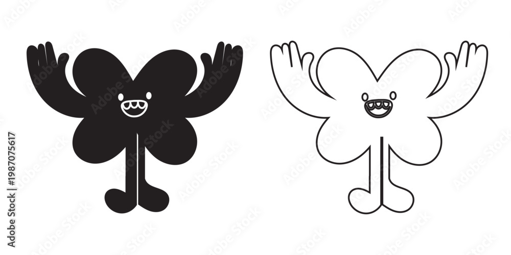 Obraz premium Smiling abstract flower character Happy Spiky smiling icon set. Minimal smiling flower-shaped character shown in filled and outline styles, playful illustration suitable for icons, stickers, and moder
