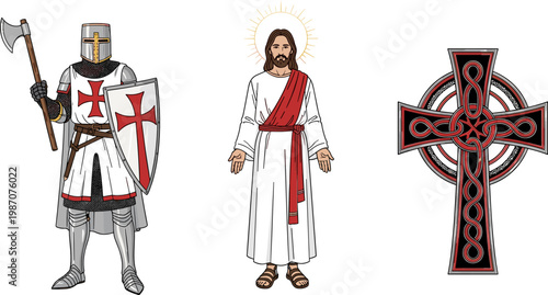 Christian Religion Vector Illustration Set Featuring Jesus Christ, Knight Templar Crusader with Shield and Axe, and Decorative Celtic Cross Symbol Design