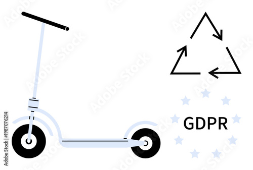 Sustainability, eco-friendliness, data protection, privacy, legal compliance, technology. Electric scooter near a recycling symbol and GDPR text. Sustainability and data protection concepts