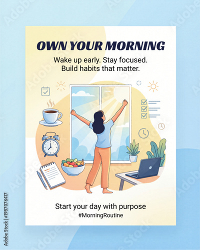 Own Your Morning Poster with Productive Routine Sunrise Coffee Healthy Breakfast Workspace Lifestyle Flat Vector Illustration