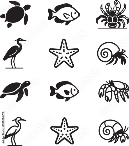 A collection of black silhouette icons depicting various marine life and ocean animals
