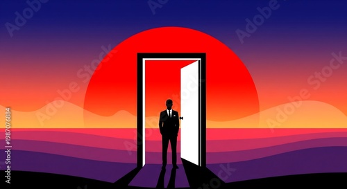 Wallpaper Mural Businessman stepping through open doorway into sunset with Business & career concept Torontodigital.ca