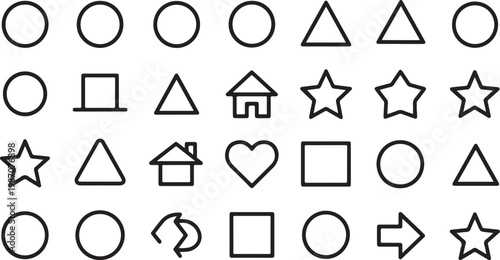 Geometric shapes icons, symbol set, line style, black and white graphics, 25 elements