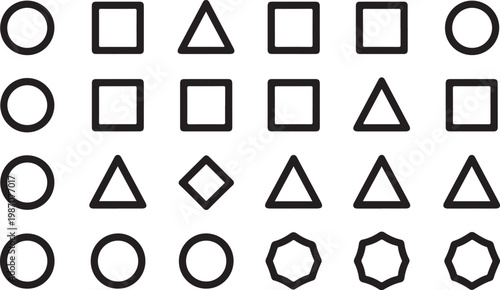 Geometric shapes, black icons, vector graphics, 25 shapes