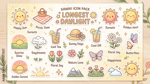 A delightful collection of kawaii-style summer icons and stickers featuring suns, picnics, iced tea, flowers, butterflies, and landscapes, perfect for longest daylight themes.