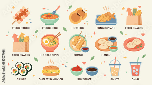 A vibrant illustration showcasing a variety of popular Korean street food dishes and snacks, presented in a colorful and appealing arrangement.