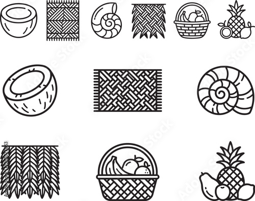 A delightful collection of tropical elements, including coconuts, woven mats, seashells, and fruit baskets