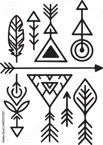 Geometric tribal icons, bohemian arrow symbols, black line art shapes, abstract decorative elements
