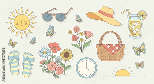 A collection of cheerful summer-themed illustrations featuring a smiling sun, sunglasses, butterflies, flowers, a straw hat, lemonade, a picnic basket, and flip-flops.