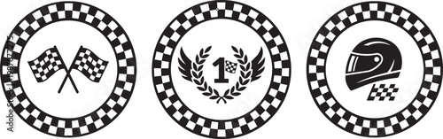 Three black and white racing icons featuring flags helmet and a laurel wreath on white