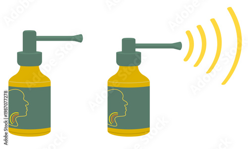 Two throat spray bottles, one displayed stationary and the other shown actively dispensing spray, indicating use for sore throat relief, coughing, and throat irritation.