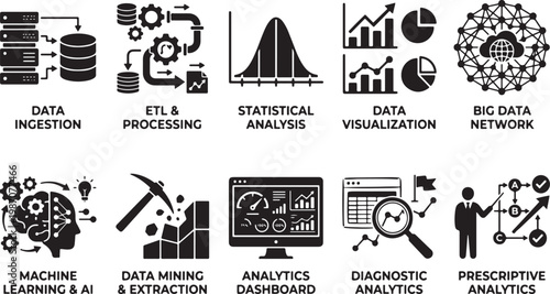 Data science icon set featuring big data network machine learning artificial intelligence analytics dashboard etl processing and statistical analysis vector illustrations.
