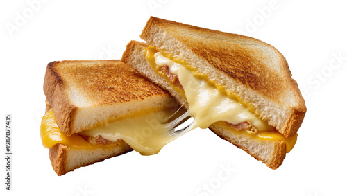 Fotografie Golden brown toasted cheese sandwiches with melted cheese oozing out, isolated o