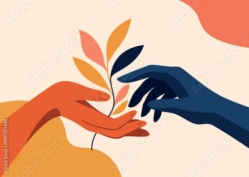 Vector illustration two contrasting hands, one extending a branch or sprout. Symbol unity, growth, support, cooperation, hope. Minimalist design for environmental projects, psychology, charity