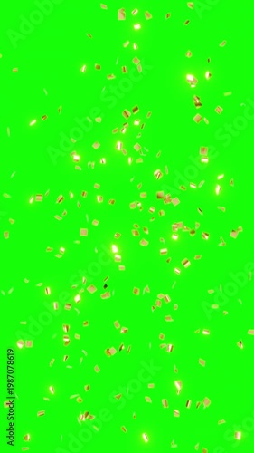 Realistic gold confetti animation burst on black background with green screen and alpha matte