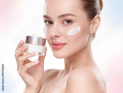 Beauty routine with moisturizer in a soft background glow