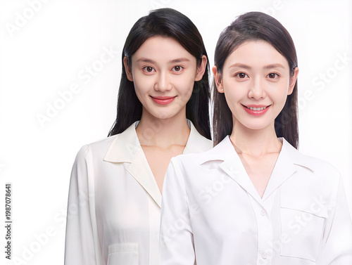 Two women display radiant smiles in bright white attire