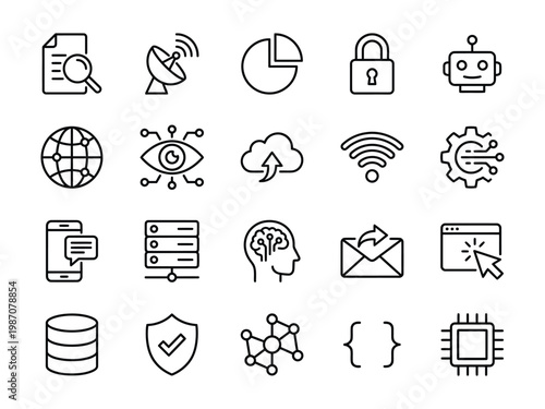 Technology and data icons set with technology illustration computer security database document wireless connection analysis communication protection artificial intelligence robotics