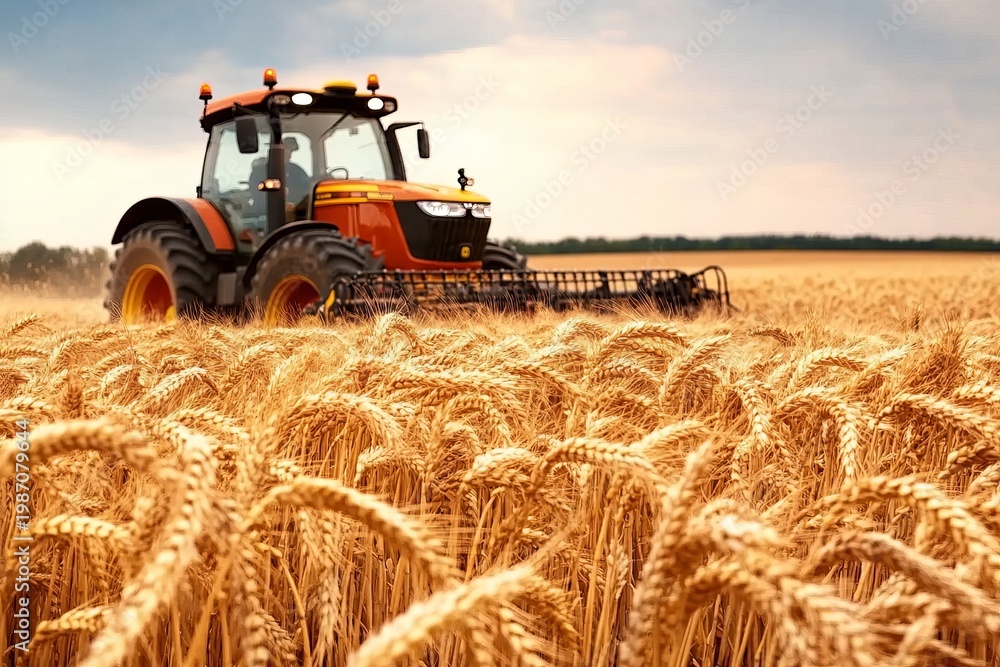 Fototapeta premium Golden Wheat Field Being Harvested by Modern Tractor Under Bright Summer Sky in Rural Landscape