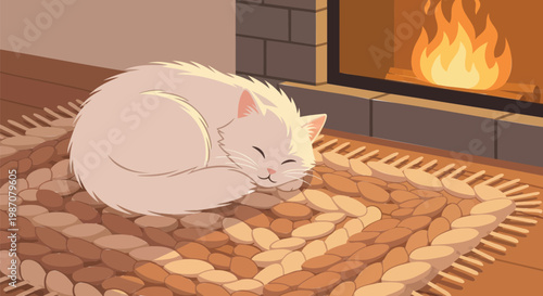 Cozy Sleeping Cat Near Fireplace on Woven Rug Warm Home Interior Illustration