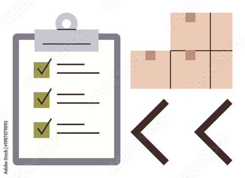 Logistics, inventory planning, delivery services, supply chain, shipping, warehouse storage. A checklist and stacked cardboard boxes. Logistics and inventory planning concept