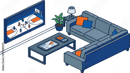 Living room with sectional sofa watching basketball game on TV