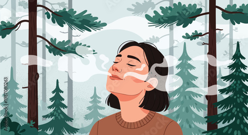 Relaxed Woman Enjoying Fresh Air in Pine Forest Nature Illustration