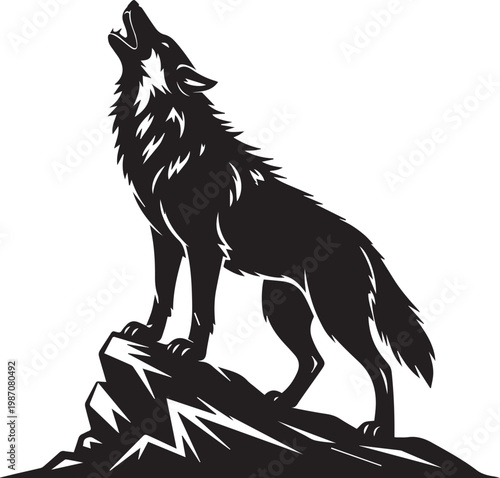 Majestic wolf howling at the moon on a rocky outcrop