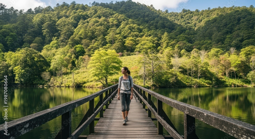 Fototapeta premium Woman walking on a wooden bridge over a tranquil lake surrounded by lush forest.