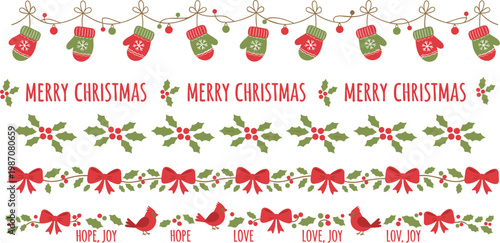 Christmas decorative borders set with winter mittens holly berries red bows and cardinals for holiday greeting cards vector illustration